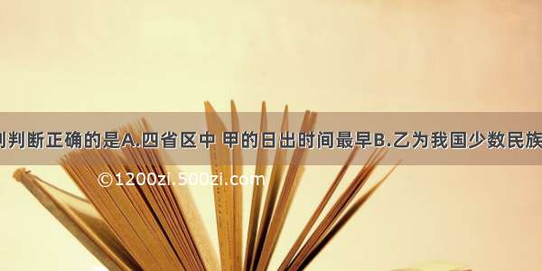 读下图 下列判断正确的是A.四省区中 甲的日出时间最早B.乙为我国少数民族主要分布区