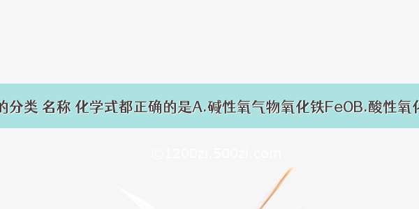 下列各物质的分类 名称 化学式都正确的是A.碱性氧气物氧化铁FeOB.酸性氧化物碳酸气C