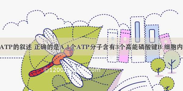 下列关于细胞内ATP的叙述 正确的是A 1个ATP分子含有3个高能磷酸键B 细胞内ATP与ADP的反