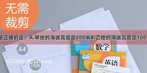 读图 下列说法正确的是。A.甲地的海拔高度是200米B.乙地的海拔高度是100米C.甲乙两地