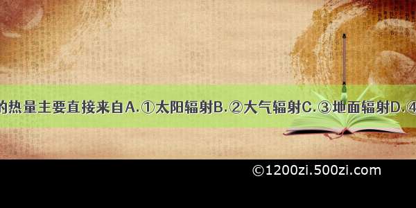 近地面大气的热量主要直接来自A.①太阳辐射B.②大气辐射C.③地面辐射D.④大气逆辐射